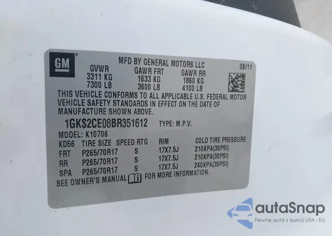 2011 GMC Yukon Slt from USA, damaged, VIN 1GKS2CE08BR351612